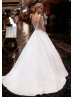 Ivory Satin Beading Lace V Back Modest Wedding Dress